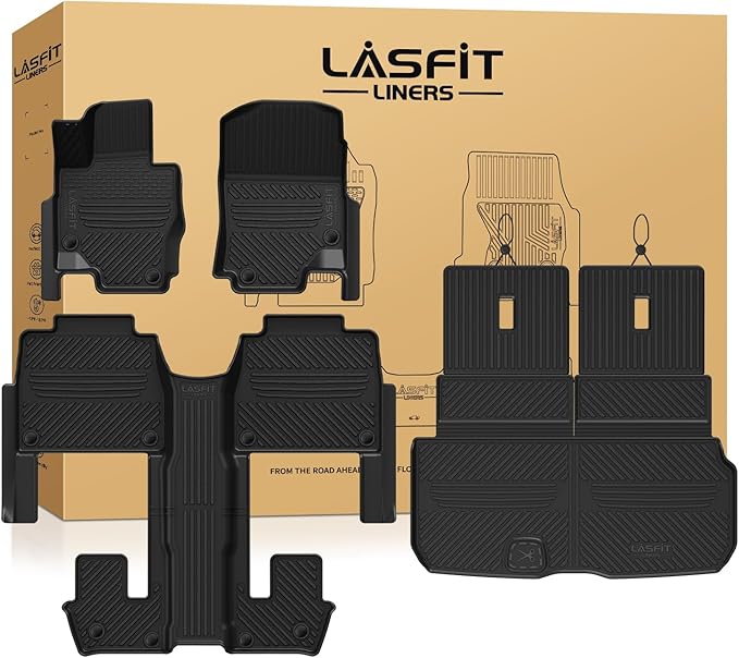 LASFIT Floor Mats & Cargo Mat with Seatback for Mercedes Benz GLS 450/580/63 AMG 2020-2026 (Only Fit 6 Seats with Center Console), All Weather TPE Floor Liners. 3 Rows & Cargo Liner with Backrest