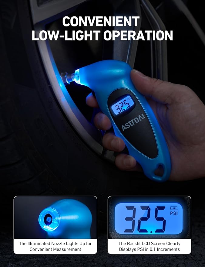 AstroAI Digital Tire Pressure Gauge 0-150PSI Calibrated to ANSI B40.7 +/-1PSI, Accurate in 0.1 Increments, 4 Units for Car Truck Bicycle with Backlight LCD, Blue