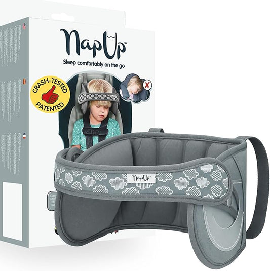 NapUp Adjustable Head Support for Car Seat – Patented & Crash-Tested Anti-Bobbing Head Holder Strap, Comfortable Sleep Solution - Breathable Fabric, Kids Travel Accessories - Ages 2+ - Grey