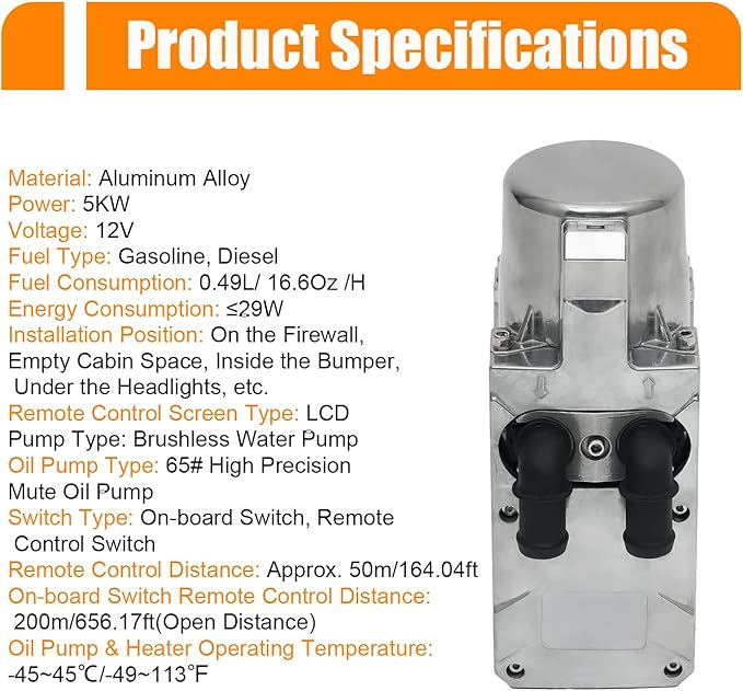 Diesel Air Heater, 12V 5000W Diesel Parking Water Heater Complete Kit Water Heating Type of Car Conduction Coolant with Remote Control for Commercial Vehicles Automotives & RV Cars