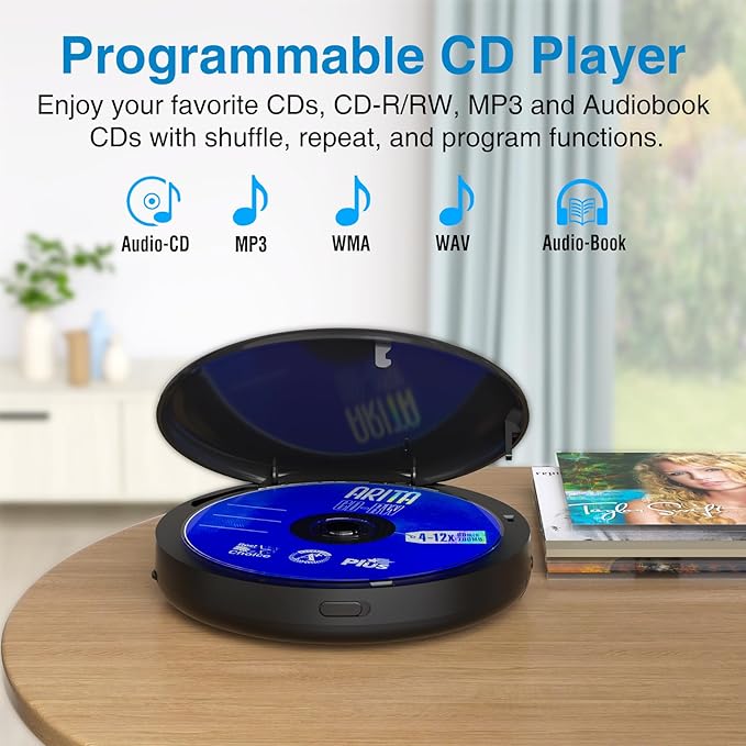 MEGATEK CP27BR Portable CD Player Bluetooth for Car with FM Transmitter, USB, AUX, LCD Display, Anti-Skip, Stereo Speakers, Headphones & Rechargeable Battery – Black