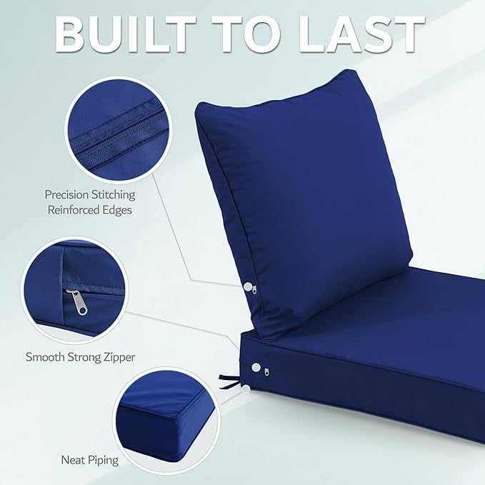 24x24 Inch Outdoor Chair Cushion with Removable Cover, Patio Furniture Cushion - Water-Repellent, Fade-Resistant, Non-Slip Bottom & Straps, Replacement for Deep Seat Sofa & Couch - Navy
