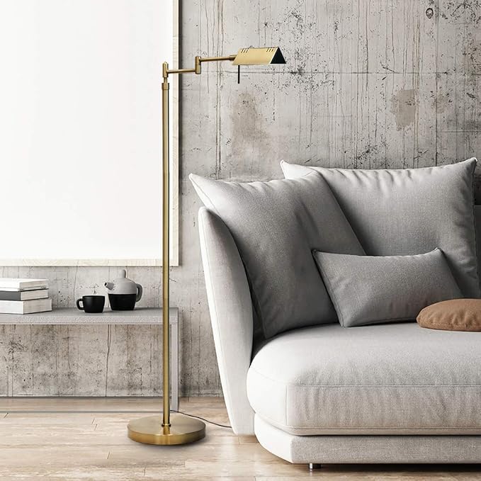 O’Bright Dimmable LED Pharmacy Floor Lamp, 12W LED, Full Range Dimming, 360 Degree Swing Arms, Adjustable Heights, Standing Lamp for Reading, Sewing, and Craft, ETL Listed, Antique Brass (Gold)