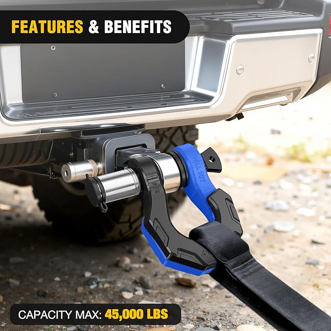 Nilight 2 Pack 3/4" D-Ring Separate Shackle with 7/8" Lock Pin 45,000 lbs Break Strength, Off Road Recovery Shackle with Isolators Washers for Use with Tow Strap, Winch, Truck Vehicle (Black&Blue)