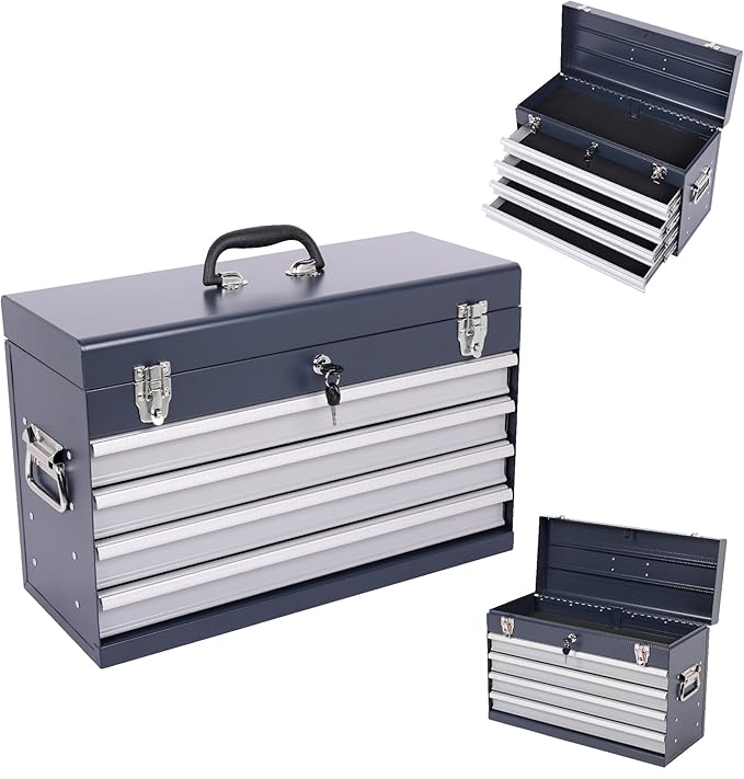 21" Portable 4 Drawer Steel Toolbox, 5 Layers of Tools with Metal Latches, with Top Storage Tray and Carrying Handle, Multi-Function Tool Chest for Garage, Home,or Workbench（grey）