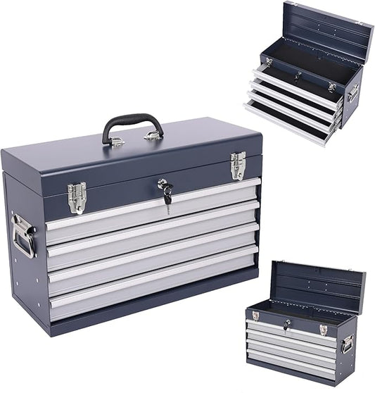 21" Portable 4 Drawer Steel Toolbox, 5 Layers of Tools with Metal Latches, with Top Storage Tray and Carrying Handle, Multi-Function Tool Chest for Garage, Home,or Workbench（grey）