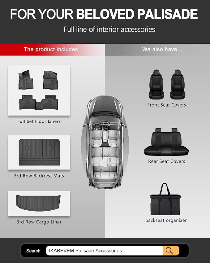Floor Mats for Hyundai Palisade 2026 7/8 Seats Gas Only All Weather TPE Floor Liners Cargo Mat with Backrest Mat Accessories Odorless Anti-Slip Cargo Tray with Back Seat Protector
