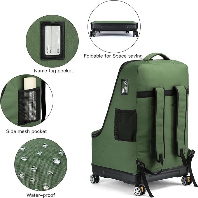 TUGUAN Car Seat Travel Bag for Airplane with Spinner Wheels, Infant Car Seat Bags for Air Travel with Hard Bottom, Padded Car Seat Backpack, Large Car Seat Storage Bag Airport Check, Green