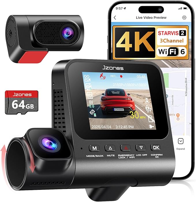 3 Channel Dash Cam Front and Rear, 4K Dash Camera for Cars STARVIS 2 HDR Night Vision, 24H Parking Mode, 64GB Card Included, Dashcam Built-in 5.8GHz WiFi GPS,170°Wide Angle, G-Sensor Emergency Lock
