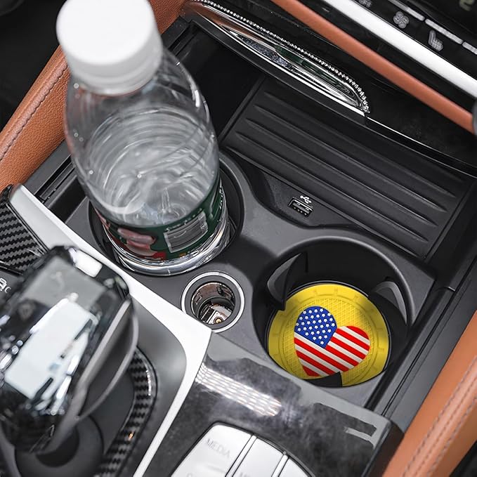 AUCELI 2 Pack Car Cup Holder Coasters, Colored American Flag US Flag Insert Car Cup Coaster, 2.75 Inch Anti Slip Shockproof Embedded Drink Mat, Vehicle Interior Decor Accessories