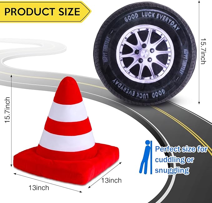 Woanger 2 Pcs Race Car Room Decor Racing Plush Throw Pillow Set Gift 15.7 Inch Soft 3D Simulation Wheel Pillow Funny Tire Cone Traffic Light and Stop for Valentines Bedroom Decorations(Traffic Cone)