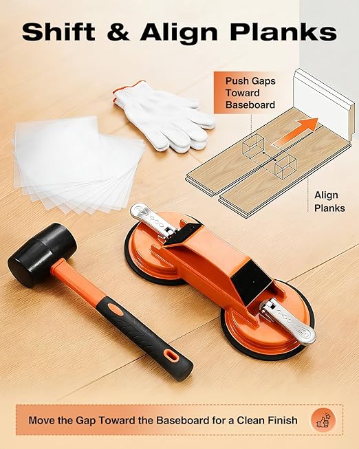Saker Floor Gap Fixer Tool Kit with Mallet, 10PCS Washable Pads & Gloves, Suction Cup Tool for Laminate Floor Gap Repair, Vinyl Plank & Wood Floors (Dual Suction Cup+Rubber Mallet)