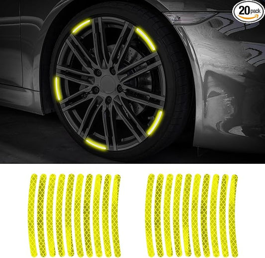 20PCS Reflective Car Wheel Decorative Stripe Stickers, Night Safety Warning Tape Sticker, Anti-Scratch Tire Rims Sticker, Universal Car Exterior Accessories Fluorescent Auto Decals for Motocycle Bike