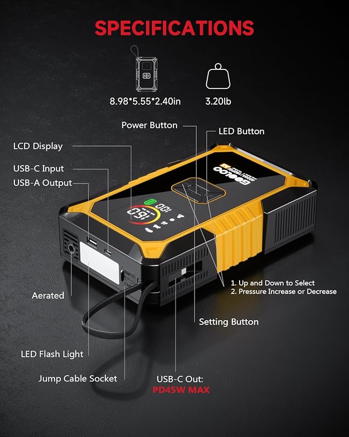 GOOLOO A5 Car Jump Starter with Air Compressor, 4000A Portable Car Jump Starter (All Gas/10.0L Diesel) with 160PSI Auto-Off Tire Inflator, 45W Output Power Bank,12V Battery Jumper Starter Portable
