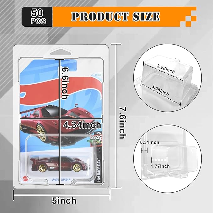 50 Pcs Protector Case Compatible with Hot Wheels Display Case Storage Case Plastic Model Car Clamshell Cases Display Clear Die Cast Car Blister Pack Covers Protector for Hotwheels Toy Car Set