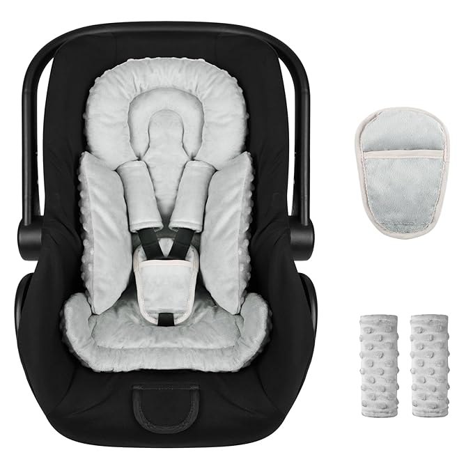 Infant Car Seat Insert Boy Girl, 3 in 1 Newborn Carseat Insert with Strap Pads, Car Seat Head Support for Baby Strollers, Swings, and Bouncers, Comfortable and Machine Washable, Grey