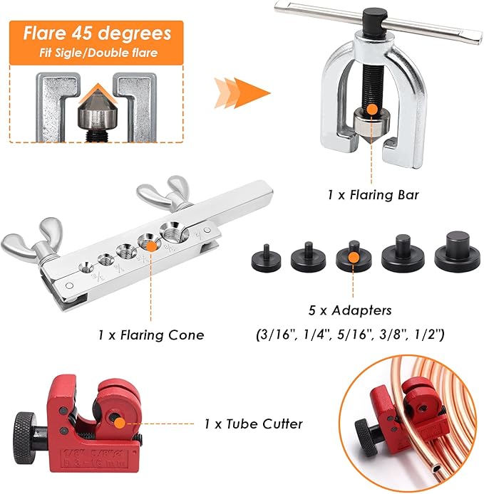 25 ft 1/4Inch Copper Coated Brake Line Kit(Includes 24 Fittings and 4 Unions) with Double & Single Flaring Tool Kit
