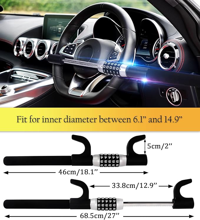 Tevlaphee Steering Wheel Lock, Car Lock Anti Theft Keyless Extendable Retractable Password 5 Coded Combination Lock, Heavy Duty Universal Fit (Black)