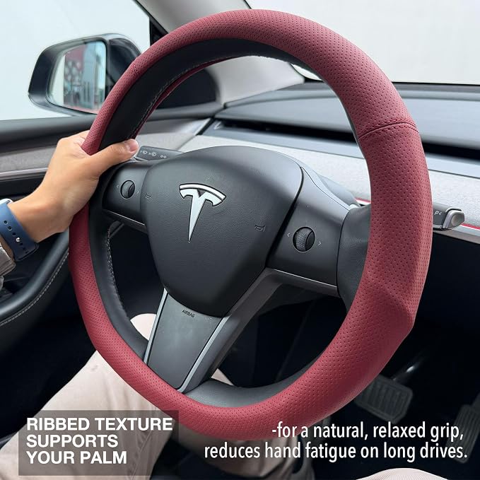 PINCTROT Supported Grip Nappa Leather Steering Wheel Cover for Tesla Model Y/3 Highland/Juniper, D Shaped 14 Inch Small Sized with Breathable Perforation, Flat Bottom 14 Inch(Burgundy Red)