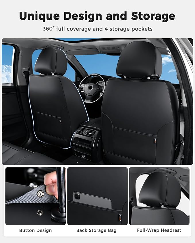 Huidasource Seat Covers Full Set, Universal Fit for Most Cars SUVs Trucks, Full Coverage Leather Car Seat Cover, Airbag, Cupholder Compatible, Seat Function Retain, Velcro Adjustable, Black