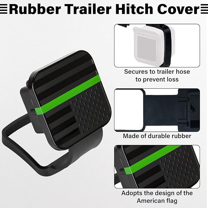 2 Inch Rubber Trailer Hitch Cover, Durable Tow Hitch Covers with American Flag, Car Exterior Accessories Fits for 2 Inches Hitch Receivers, Hitch Cover Tube Plug Cap for Trucks(Black&Green Line)