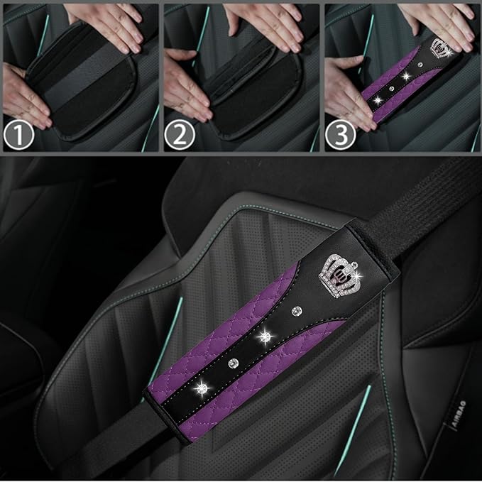 NBTEPEM 6 PCS Bling Car Accessories Set, Leather Steering Wheel Covers Universal 14.5-15 inch, Center Console Cover, Seat Belt Cushion, Cup Holder Coaster (Purple)