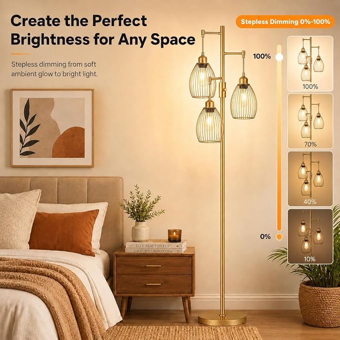 Dimmable Floor Lamp, 3 x 800LM LED Edison Bulbs Included, Farmhouse Industrial Floor Lamp Standing Tree Lamp with Elegant Teardrop Cage Head Tall Lamp for Living Room Bedroom Office Dining Room - Gold