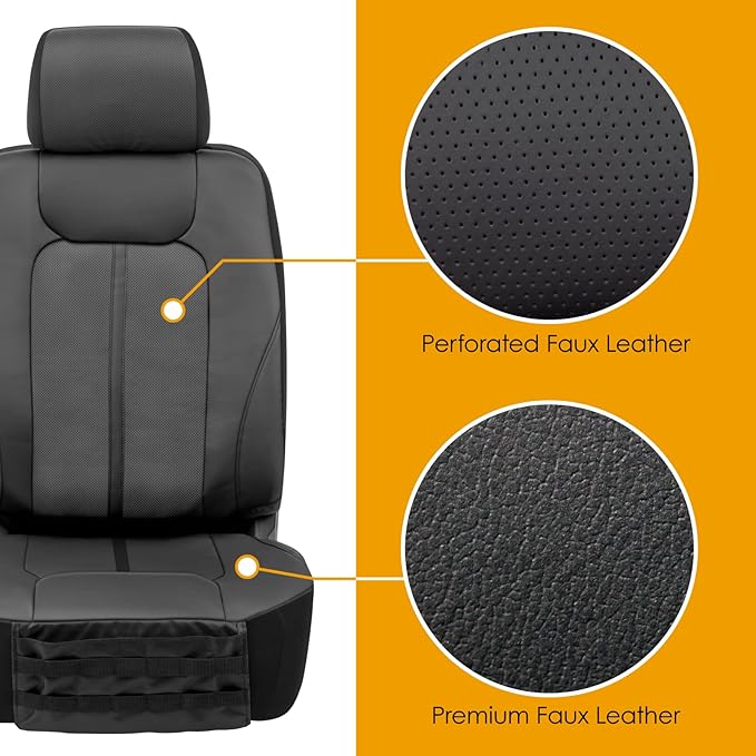 LPI Truck Carson Heavy Duty Truck Seat Covers for Front Seats; Fits Full-Size SUV or Truck; Includes Front, Built-in Molle Style Organizer; Semi-Custom Fit; Faux Leather; 2pcs, Black