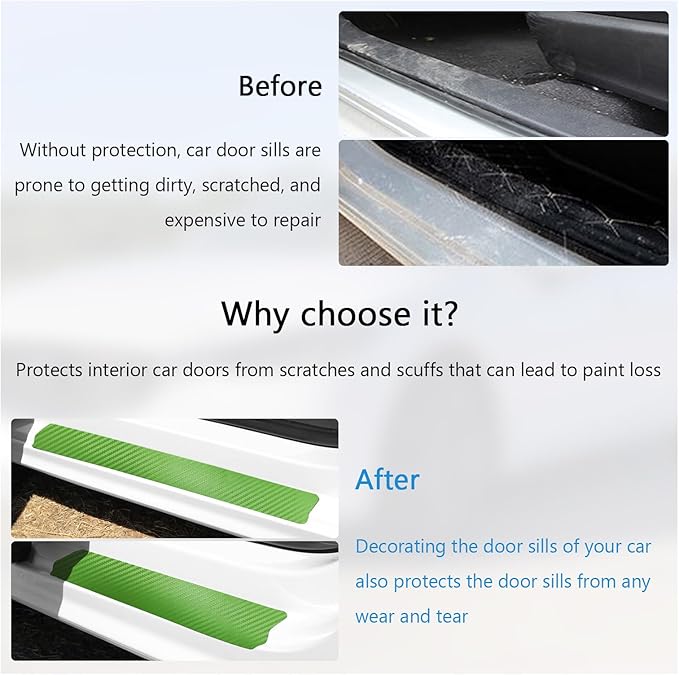 Dickno 4 PCS Car Door Sill Protector, 3D Carbon Fiber Auto Door Entry Edge Guard Protection Trim, Anti-Scratch Threshold Cover Strips, Sill Protection Sticker for Car SUV Truck (Green)
