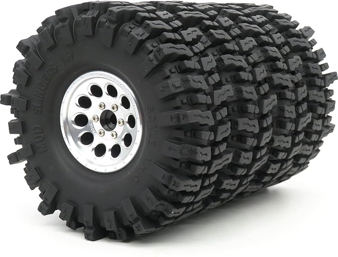 HOBBYSOUL 1.9 Crawler Tires and Wheels 120mm Soft Sticky 1.9 Mud Slingers Tires & 1.9 Beadlock Wheels Silver Rim for 1/10 RC Crawler Traxxas TRX4 Axial SCX10, (4 Pack)