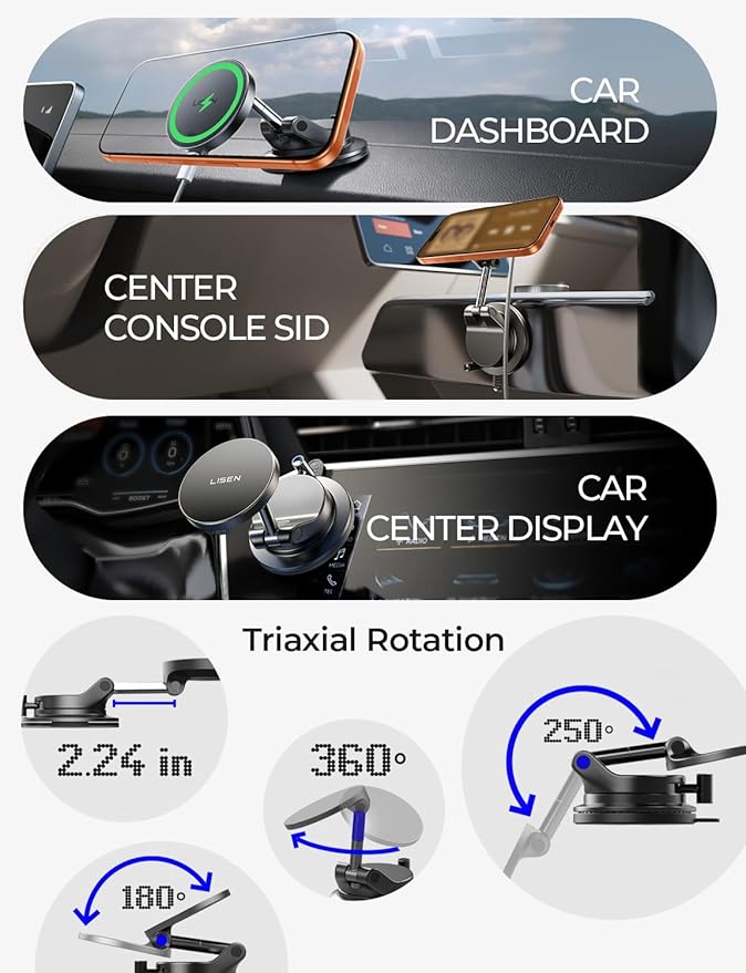 LISEN for 15W Magsafe Car Mount Charger, Magnetic Phone Holders for Your Car, Magnetic Wireless Car Charger, Suction Phone Mount for Car Accessories for Truck Jeep for iPhone 17 Pro Max 16 15 14 13 12