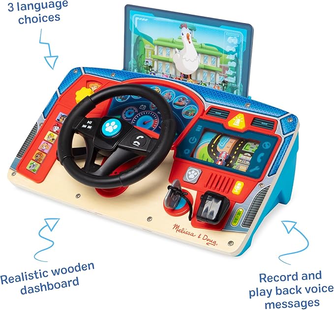 Melissa & Doug PAW Patrol Rescue Mission Wooden Dashboard – Interactive Steering Wheel Toy for Pretend Play Driving, with Lights & Sounds, PAW Patrol Toddler Toys for Kids Ages 3+