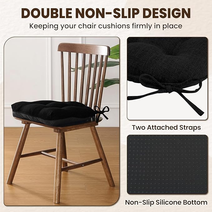 downluxe Indoor Chair Cushions for Dining Chairs, Tufted Overstuffed Textured Kitchen Chair Pads with Ties and Non-Slip Backing, 16.5" x 16.5" x 4", Black, 4 Pack