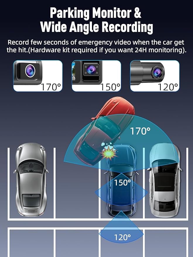 3 Channel 5G WiFi Dash Cam, 4K+1080P+1080P Dash Cam Front and Rear with 64GB Card, Dash Camera for Car with HDR IR Night Vision, G-Sensor, 24/7 Parking Mode, WDR, Support 128GB Max - Silver
