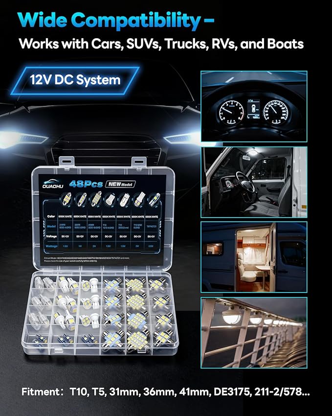 48Pcs Led Interior Car Lights Kit, 6500K White Interior Bulbs Replacement (194 T10 DE3175 W5W 168 578 2825 T5 31mm 36mm 41mm), Dome Map Dash Door Trunk License Plate Lights for Cars Trucks RVs