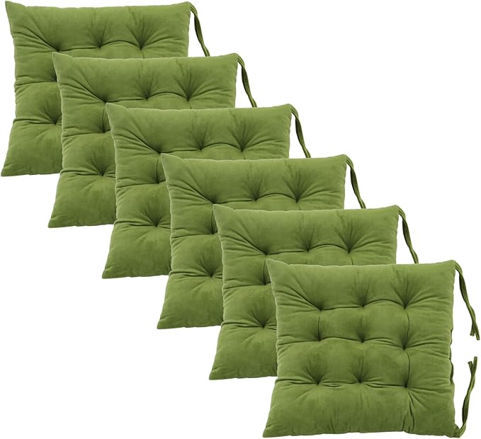 6 Pack Square Seat Cushion Chair Pads for Kitchen Dining Chairs, Soft Comfort Velvet Chair Mat Pillow Cushions with Ties for Office Desk Living Room Tatami 15.5", Green