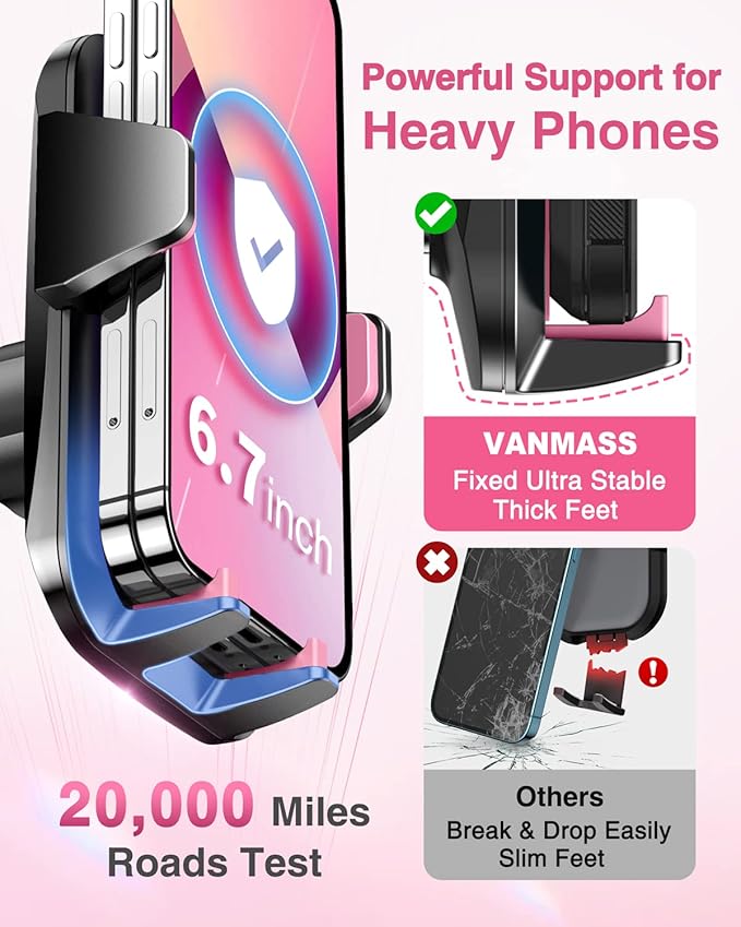 VANMASS【85+LBS Strongest Suction & Military-Grade Ultimate Car Phone Mount【Patent & Safety Certs】 Cell Phone Holder for Dash Windshield Vent for iPhone 17 Pro Max Automobile Accessory Kits,Light Pink