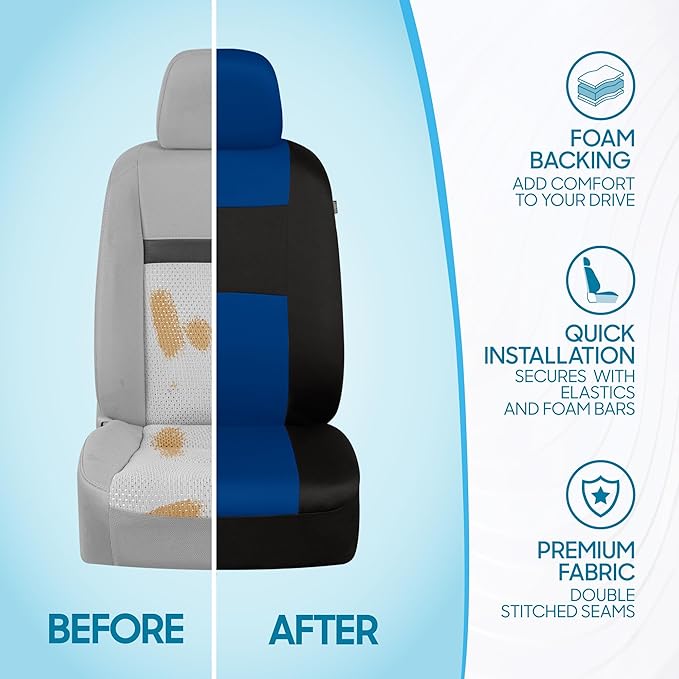 BDK PolyPro Car Seat Covers Full Set in Blue on Black, Front and Rear Split Bench Seat Covers for Cars, Easy to Install Car Seats Cover Set and Accessories for Auto Trucks Van SUV - Blue