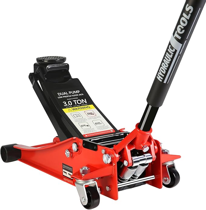 Pro Steel 3 Ton Low Profile Racing Floor Jack - Dual Pistons Quick Lift Pump, Red Heavy Duty Hydraulic Jack, 3.3"-18.5" Lift Range, 6600 lb Capacity