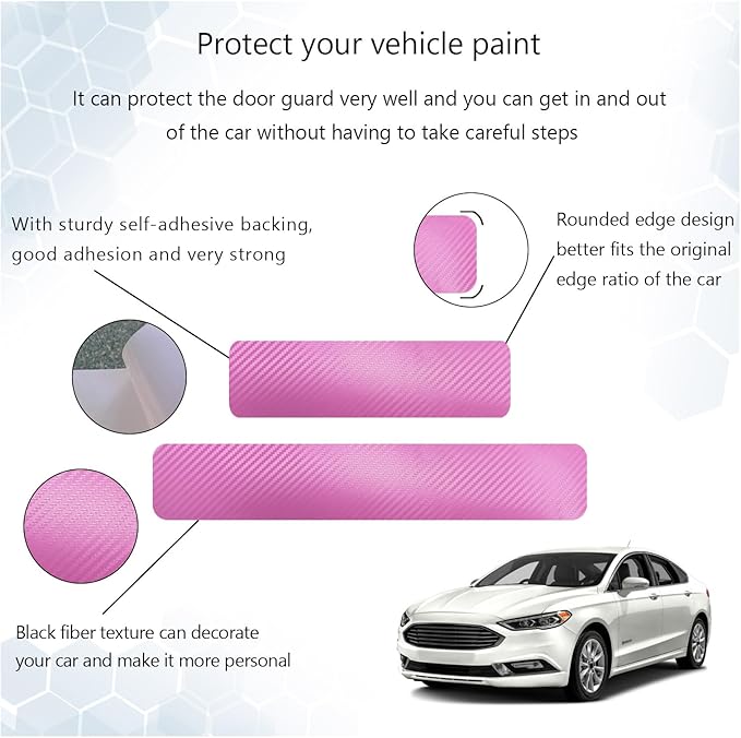 Dickno 4 PCS Car Door Sill Protector, 3D Carbon Fiber Auto Door Entry Edge Guard Protection Trim, Anti-Scratch Threshold Cover Strips, Sill Protection Sticker for Car SUV Truck (Pink)