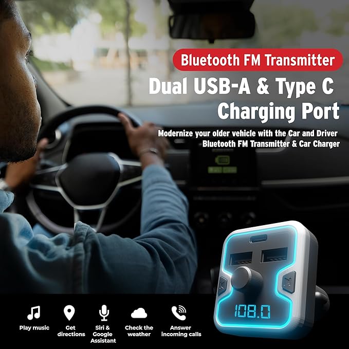 Car and Driver Bluetooth 5.0 FM Transmitter Car Charger, USB-C PD Fast Charging Adapter, Dual USB Car Lighter Plug with Hands Free Calls, Music Streaming for iPhone Android Alexa Siri Google