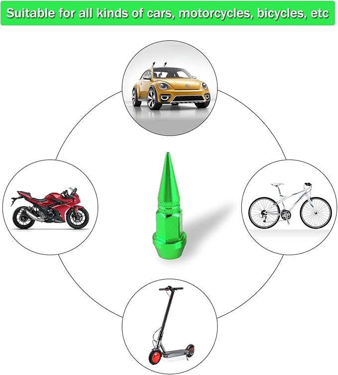 SINGARO 45mm Spiked Aluminum Stem Valve Caps, 4PCS Dustproof Tire Wheel Stem Caps for Cars, SUVs, Trucks Bicycles and Motorcycles(Green)