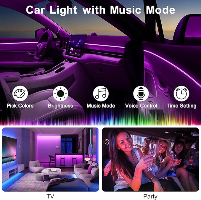 Interior Car LED Strip Lights with Wireless APP & Remote Control, RGB 2 in 1 Car Ambient Lighting Kit with 158 Inches Fiber Optic, Inside Neon Dash Strip with Music Mode