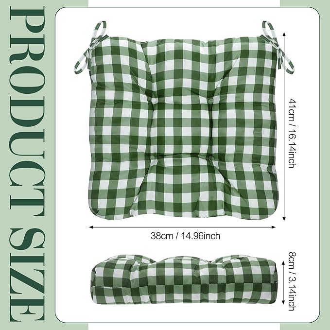 Geetery 4 Pack Chair Cushions for Dining Chairs, 16" x 15" Green and White Kitchen Chair Cushions with Ties Buffalo Plaid Soft Comfy Seat Pads for Home Office Living Room Outdoor Indoor