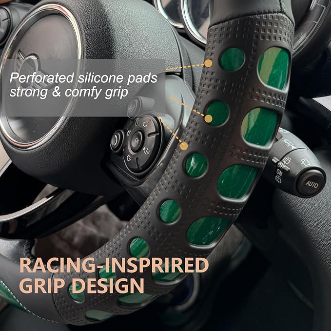 PINCTROT Large Size Race Grip Steering Wheel Cover, Anti-Slip Silicone Perforated Design with Soft Touch Padding, Enhanced Grip for Sporty Driving 15.5-15.75 Inch (Racing Green)