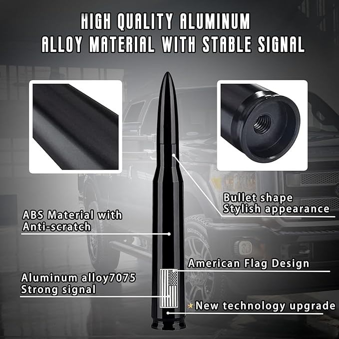 American Flag Car Truck Antenna with Valve Stem Caps, Universal Mast for GM Chevy Silverado 1500 2500 3500 HD Avalanche Ford F150 F250 F350 Denali Heavy Duty Pickup Trucks Accessories (Black)