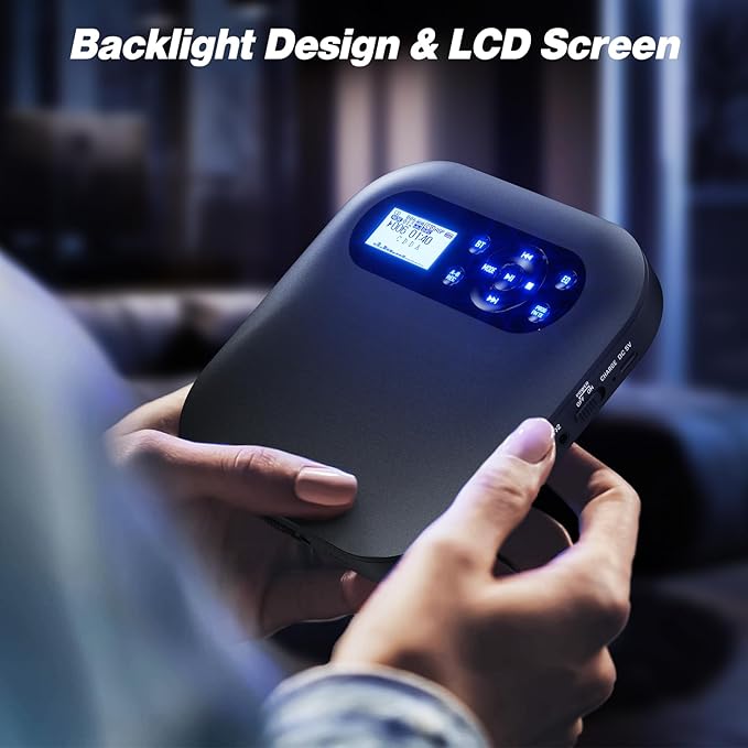 Desobry Portable CD Player with Bluetooth, Discman Player with Dual Speakers, FM Transmitter, Rechargeable Battery, AUX and Headphones, Anti‑Skip for Car, LCD Backlight for Home Upgraded