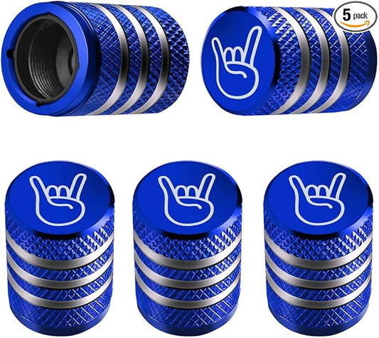 Tire Valve Stem Cap Cover - (5 Pack) Tire Air Cap Metal with Plastic Liner Corrosion Resistant Leak-Proof Rock and Roll for Car Truck Motorcycle Bike Blue