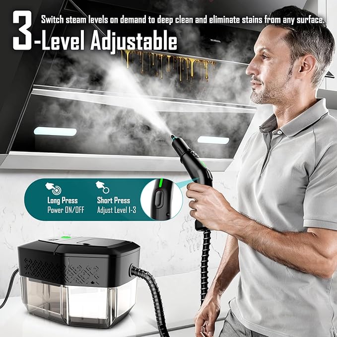 Steam Cleaner, 3-Level Adjustable Handle, 15s Heat-Up, Steamer for Cleaning With 1.8L Large Tank, Dry Burn Protection, Handheld Steam Cleaner for Home, Bathrooms, Tile,Grout,Car with 12pcs Accessories