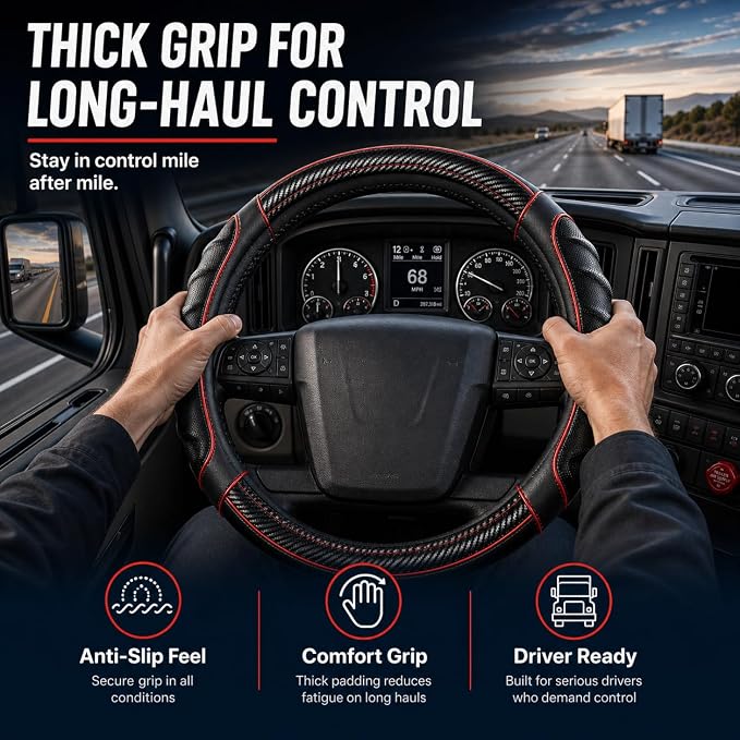 18 Inch Semi Truck Steering Wheel Cover for Freightliner Cascadia, Kenworth T680 T880, Peterbilt 579, Volvo VNL - Anti-Slip Carbon Fiber Grip - Carbon Red